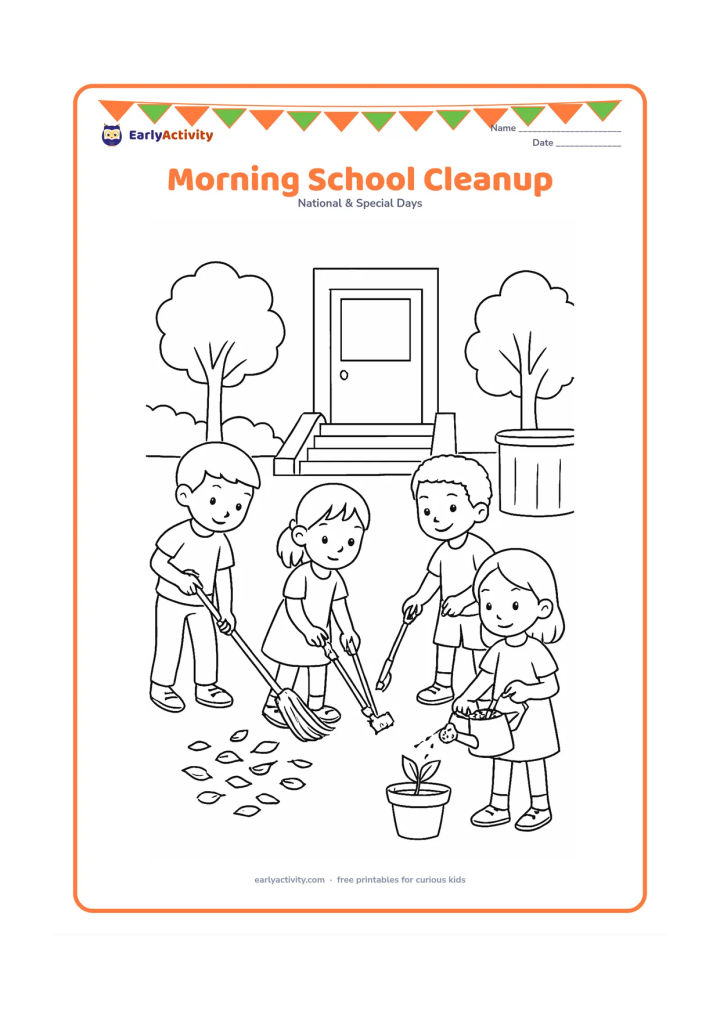 Colouring page: Draw a group of pupils tidying a school courtyard before class: one sweeps leaves, two pick up litter with tongs and another waters a classroom plant. Include steps, a doorway, trees and…
