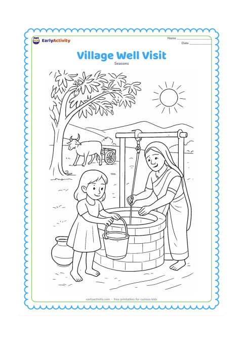 Colouring page: Draw a child and an older family member filling a metal pot near a village well in summer. Include a shady neem tree, a bullock cart in the distance, earthen pots, and a sunlit path.