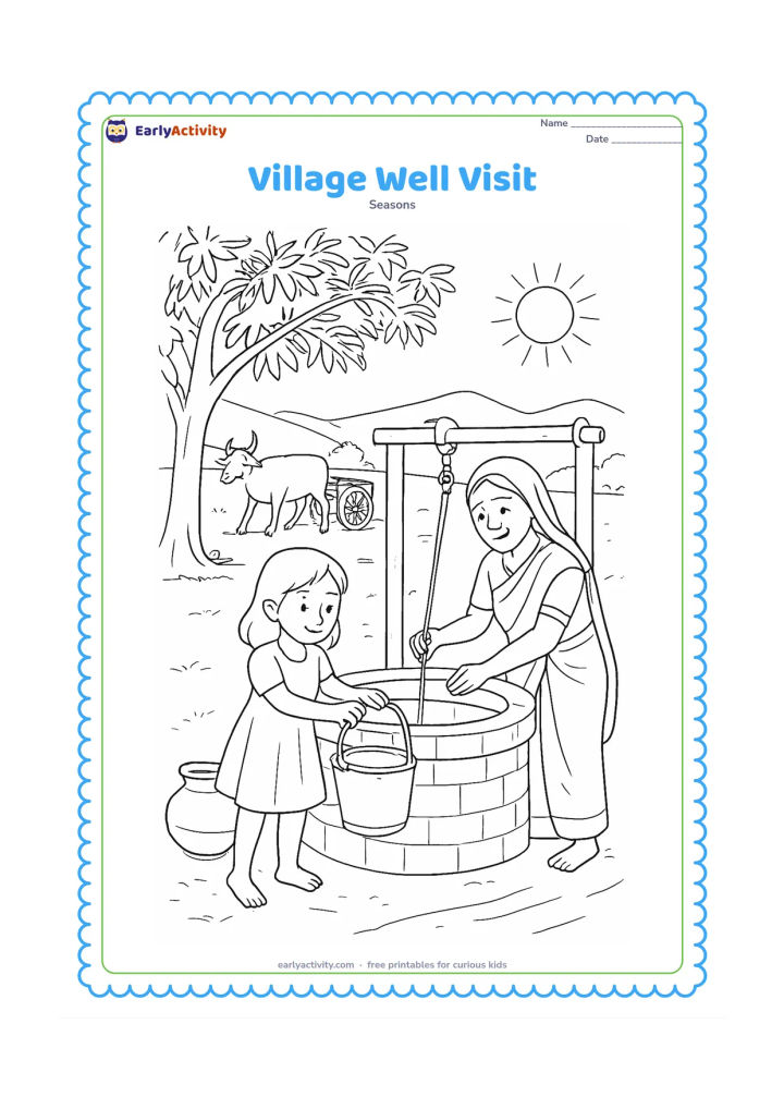 Colouring page: Draw a child and an older family member filling a metal pot near a village well in summer. Include a shady neem tree, a bullock cart in the distance, earthen pots, and a sunlit path.