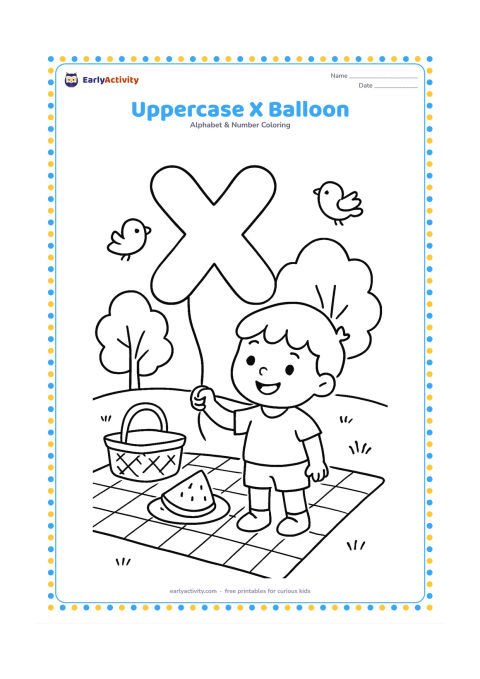 Colouring page: Draw a child holding a large balloon shaped like an uppercase X at a cheerful outdoor picnic. Add a blanket, a basket, trees and two birds.