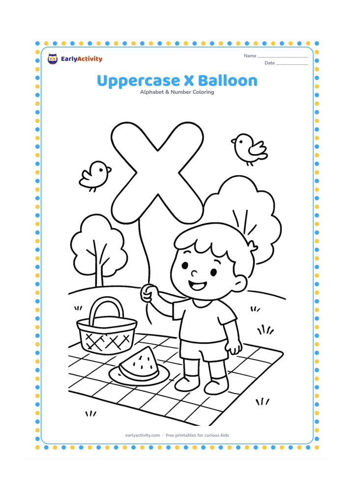Colouring page: Draw a child holding a large balloon shaped like an uppercase X at a cheerful outdoor picnic. Add a blanket, a basket, trees and two birds.