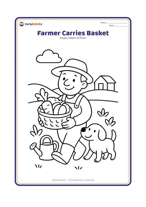 Colouring page: A cheerful farmer carries a large basket of vegetables along the edge of a field, with a watering can, leafy plants, a small shed and distant hills. Include a friendly farm dog walking…