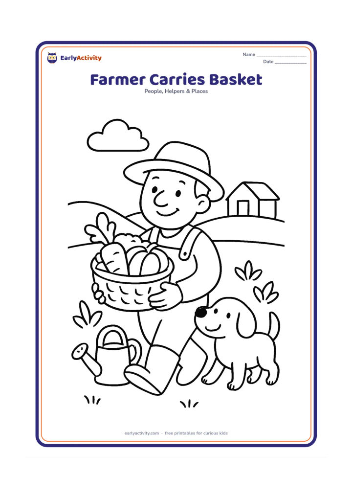Colouring page: A cheerful farmer carries a large basket of vegetables along the edge of a field, with a watering can, leafy plants, a small shed and distant hills. Include a friendly farm dog walking…