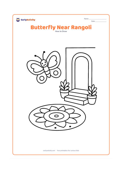 Worksheet: Show a butterfly hovering above a simple circular rangoli pattern beside a small Indian home entrance with a doorway, steps and two potted plants. Use plain geometric wing markings and…
