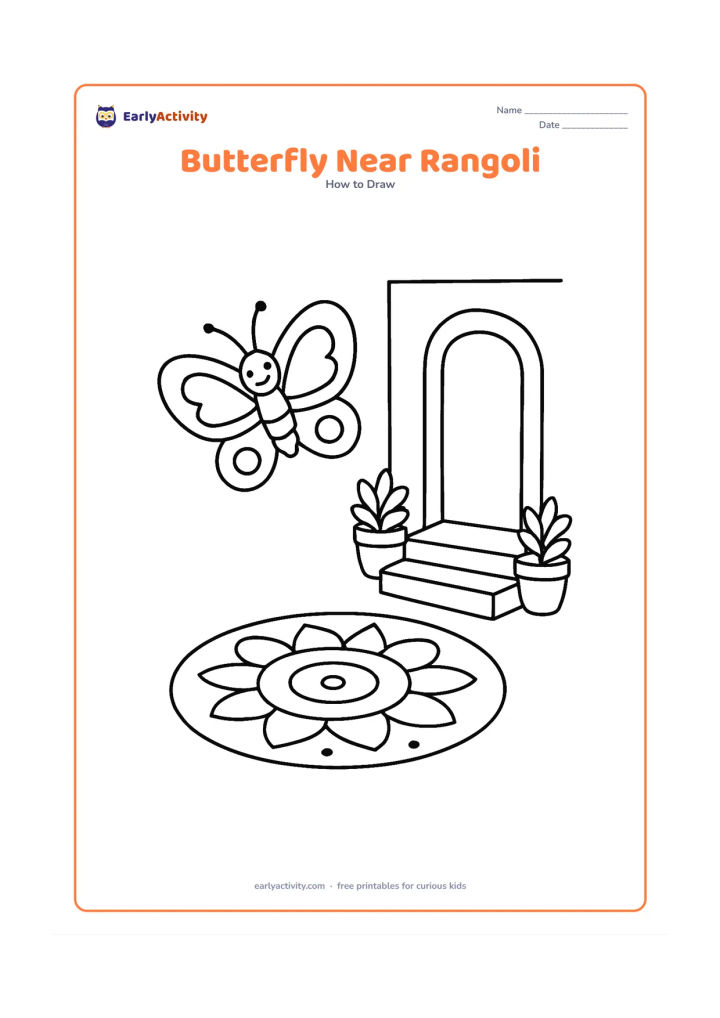 Worksheet: Show a butterfly hovering above a simple circular rangoli pattern beside a small Indian home entrance with a doorway, steps and two potted plants. Use plain geometric wing markings and…
