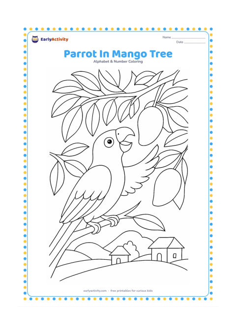 Colouring page: Draw a parrot reaching toward a mango on a leafy tree branch. Include several overlapping leaves, two hanging mangoes and a distant Indian village roofline.