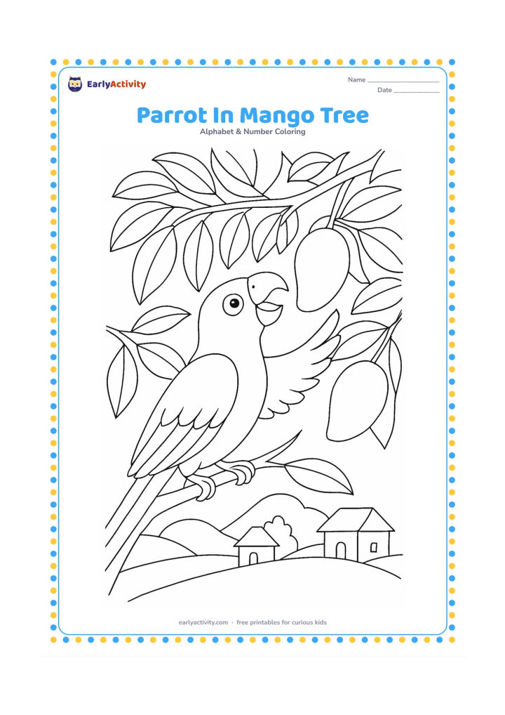 Colouring page: Draw a parrot reaching toward a mango on a leafy tree branch. Include several overlapping leaves, two hanging mangoes and a distant Indian village roofline.