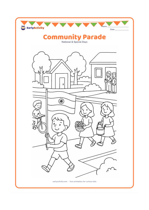 Colouring page: Draw a neighbourhood parade moving along a street, led by a child carrying an Indian flag, followed by children with flower baskets and a small drum. Include a bicycle, shopfronts…