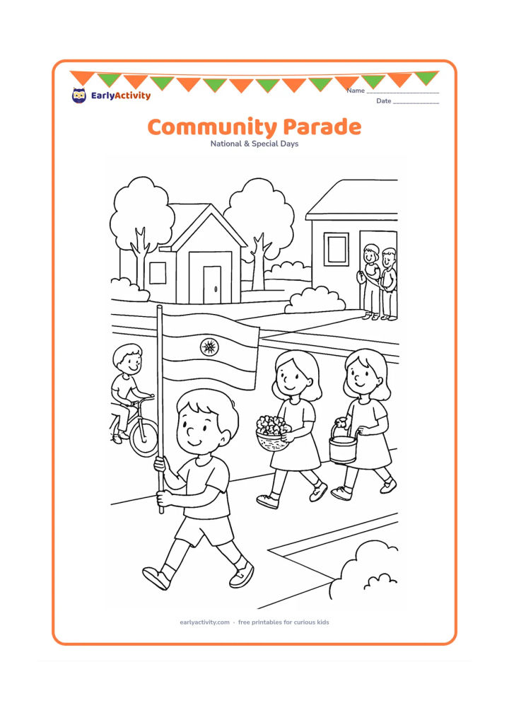 Colouring page: Draw a neighbourhood parade moving along a street, led by a child carrying an Indian flag, followed by children with flower baskets and a small drum. Include a bicycle, shopfronts…