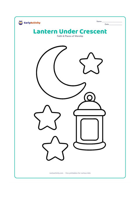Colouring page: A chunky hanging lantern floats beneath a large crescent moon, with three oversized stars around it. Keep the moon, lantern, and stars separate so each area is easy to colour.