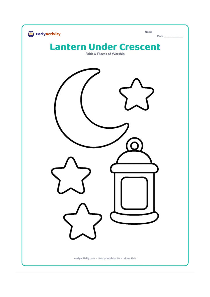 Colouring page: A chunky hanging lantern floats beneath a large crescent moon, with three oversized stars around it. Keep the moon, lantern, and stars separate so each area is easy to colour.