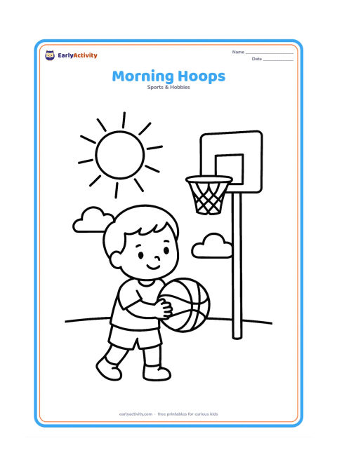Colouring page: A child holds a basketball beneath a hoop, with a large rising sun and two simple clouds behind the court. Keep the scene spacious.