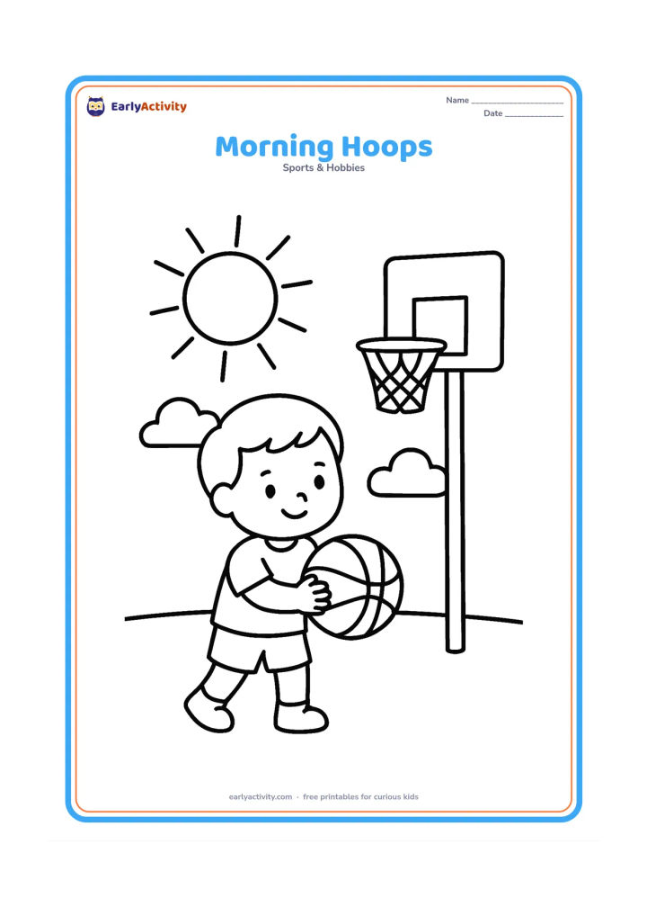 Colouring page: A child holds a basketball beneath a hoop, with a large rising sun and two simple clouds behind the court. Keep the scene spacious.