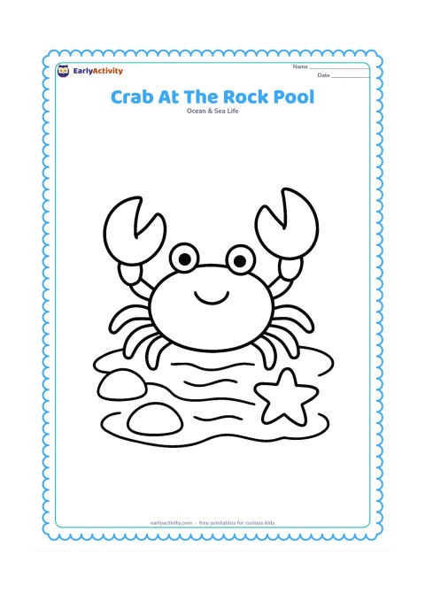 Colouring page: Draw a crab standing in a shallow rock pool, surrounded by three rounded rocks and a few large water ripples. Include one simple starfish near the crab.