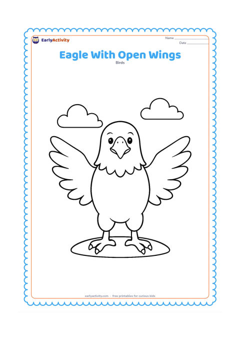 Colouring page: Draw an eagle standing front-facing with both wings spread wide and symmetrical, feet planted on a small patch of ground. Add only two simple clouds behind it.