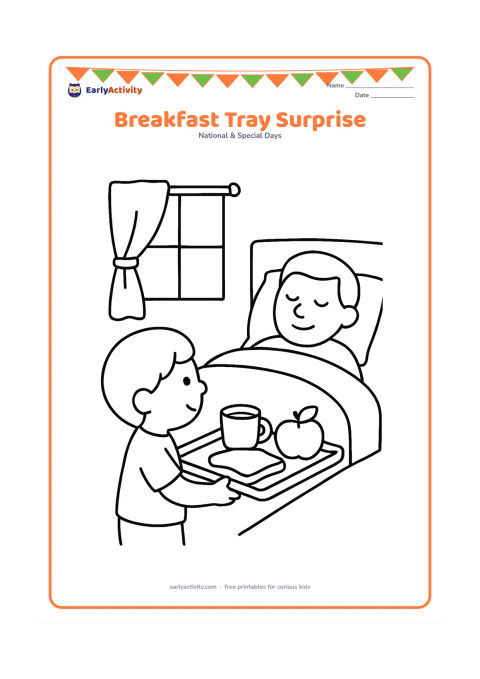 Colouring page: A child carries a breakfast tray with a cup, toast and fruit toward a father resting in bed, with a window and one curtain behind them.