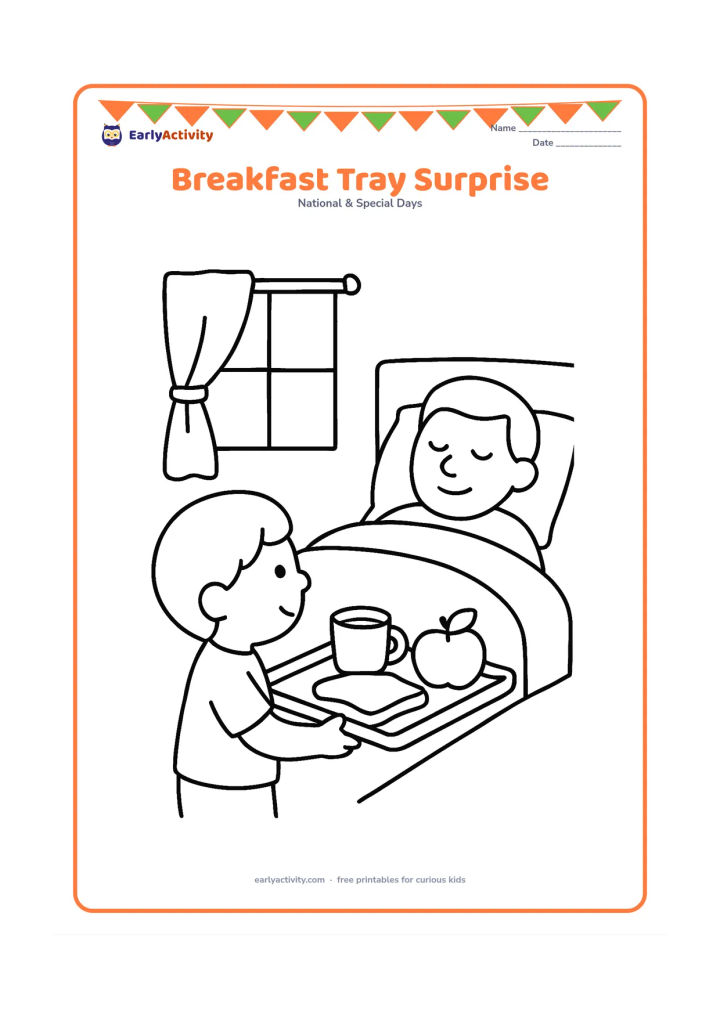 Colouring page: A child carries a breakfast tray with a cup, toast and fruit toward a father resting in bed, with a window and one curtain behind them.