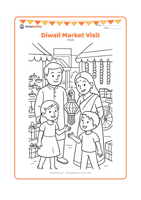 Colouring page: A family walks through a lively Indian market choosing a paper lantern, with stalls of diyas, flower garlands, and gift boxes around them. Include a bicycle and simple shop awnings in…