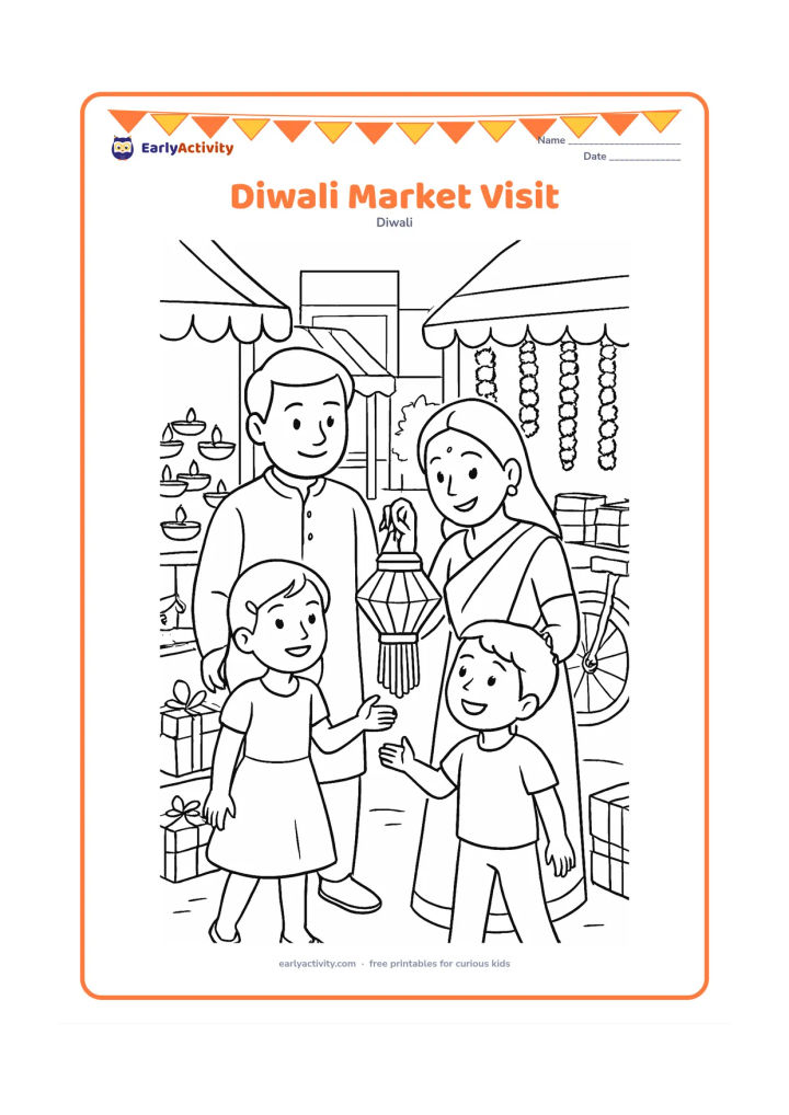 Colouring page: A family walks through a lively Indian market choosing a paper lantern, with stalls of diyas, flower garlands, and gift boxes around them. Include a bicycle and simple shop awnings in…