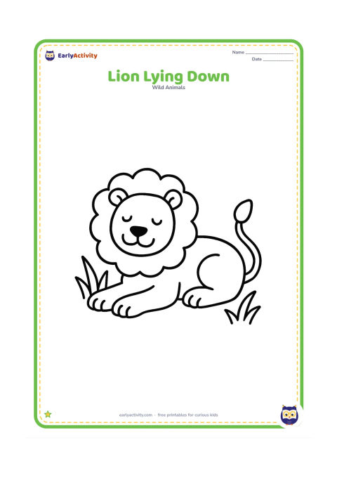 Colouring page: A relaxed lion lies on its belly with its front paws stretched forward and its tail resting behind it. Add two or three broad blades of grass around the body.