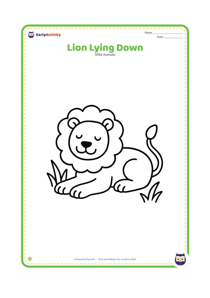 Colouring page: A relaxed lion lies on its belly with its front paws stretched forward and its tail resting behind it. Add two or three broad blades of grass around the body.