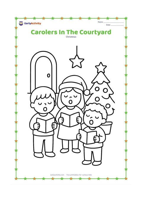 Colouring page: Three children sing together in a home courtyard beside a small decorated Christmas tree, with a doorway, potted plant and hanging star in the background. Their hands may be together or…