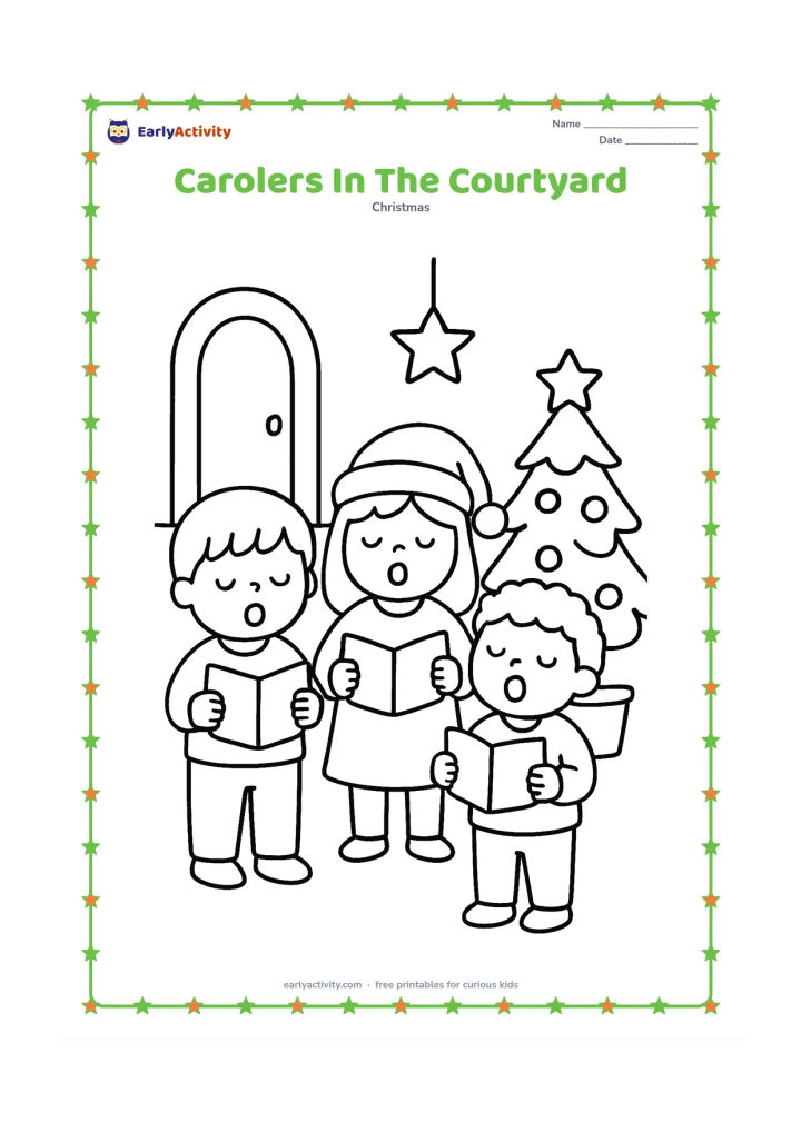 Colouring page: Three children sing together in a home courtyard beside a small decorated Christmas tree, with a doorway, potted plant and hanging star in the background. Their hands may be together or…