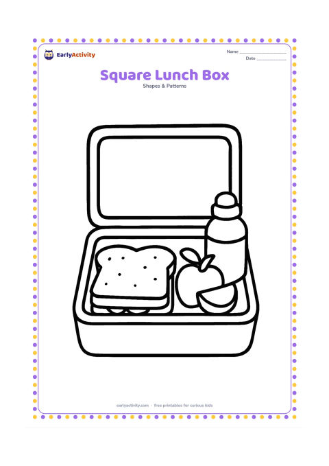 Colouring page: An open square lunch box holds a sandwich, fruit pieces, and a small water bottle on a table. Show the lunch box lid as another square behind it.