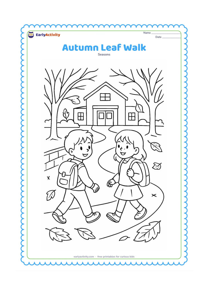 Colouring page: Two friends walk toward school carrying bags while a few leaves fall around them. Show a path, trees with partly bare branches, a low wall and a school entrance with no sign.