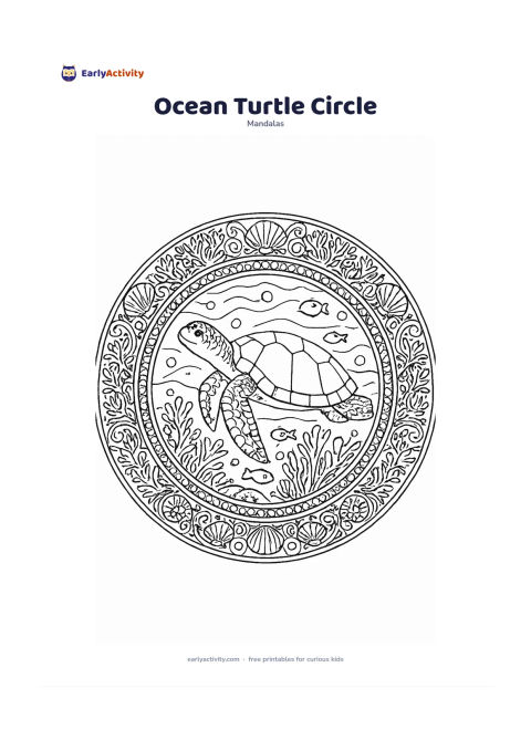 Colouring page: Create a circular mandala with a sea turtle swimming through calm water at the centre, surrounded by coral, sea plants, bubbles and small friendly fish. Arrange shell patterns, wave…