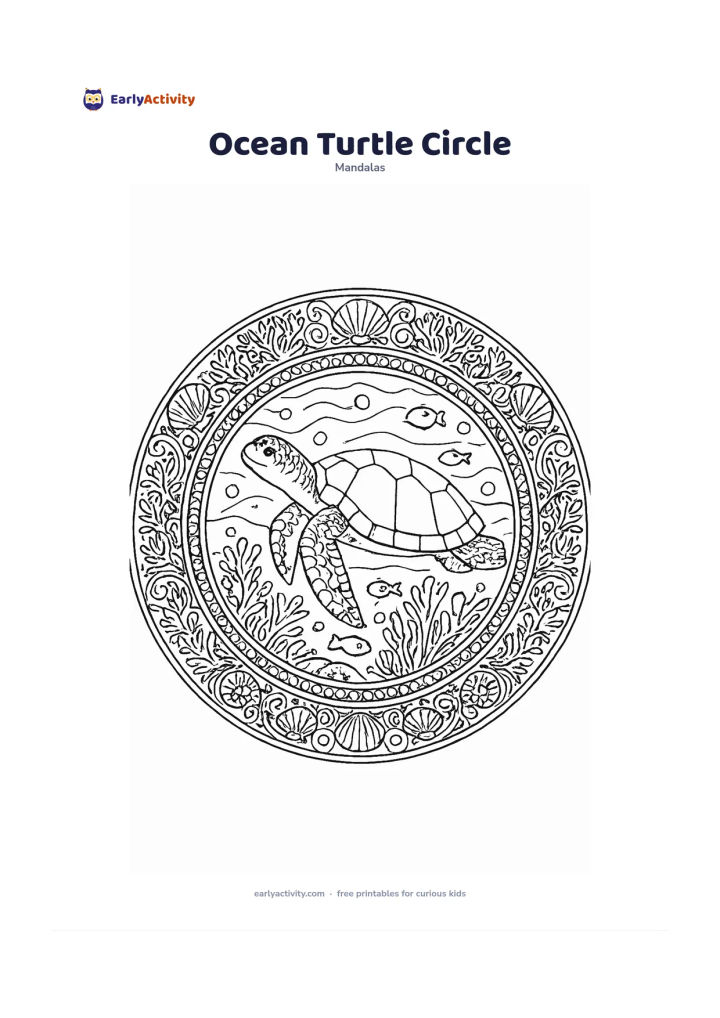 Colouring page: Create a circular mandala with a sea turtle swimming through calm water at the centre, surrounded by coral, sea plants, bubbles and small friendly fish. Arrange shell patterns, wave…