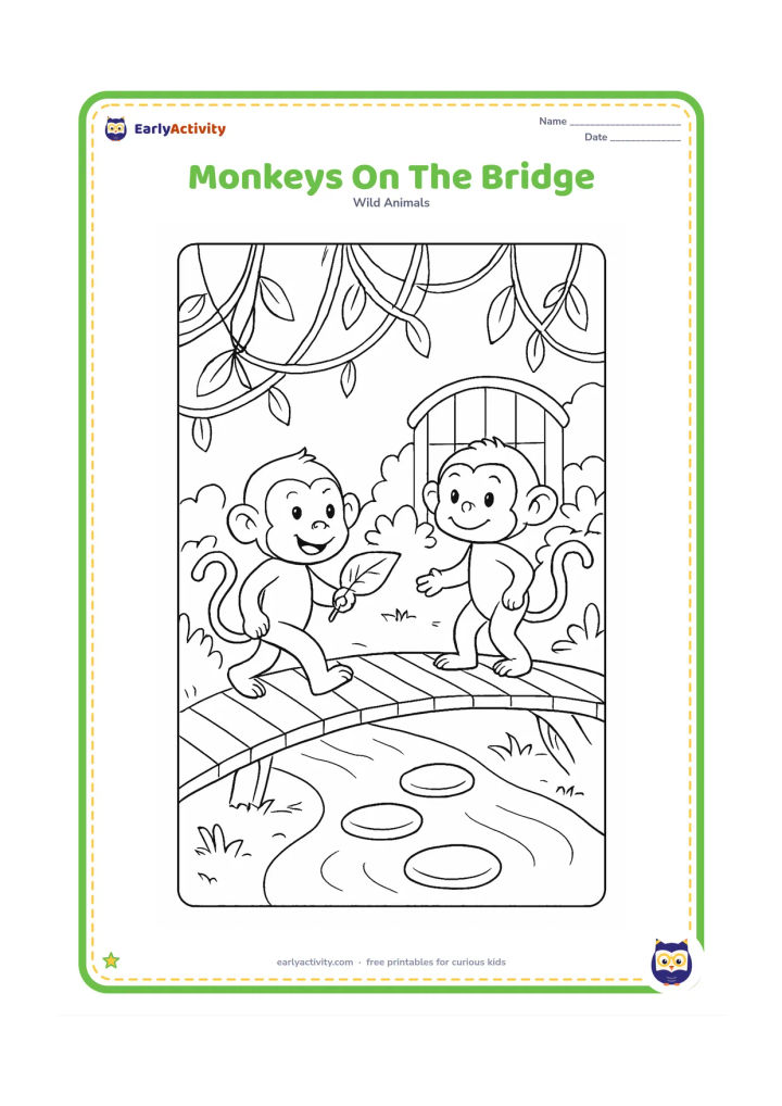 Colouring page: Two playful monkeys cross a small wooden bridge over a narrow stream, one carrying a leaf and the other looking back. Add hanging vines, stepping stones and a leafy zoo enclosure behind…