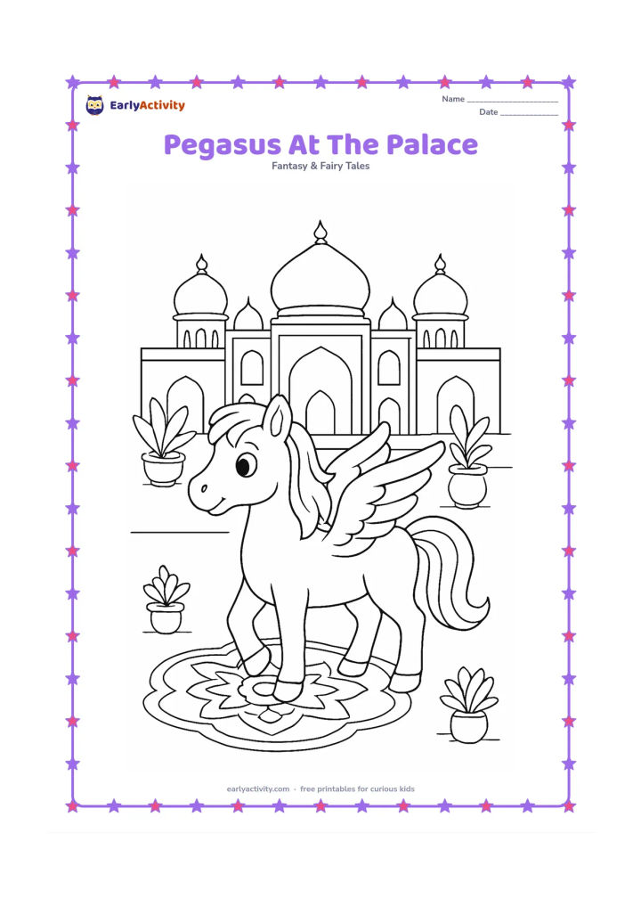 Colouring page: Show a pegasus standing in front of a welcoming Indian palace courtyard with domes, arches, potted plants and a simple geometric rangoli on the ground. Include a small fountain without…
