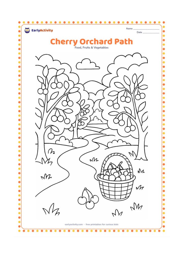 Colouring page: Draw a winding path through a cherry orchard, with fruit-laden trees on both sides, a basket in the foreground and distant hills.