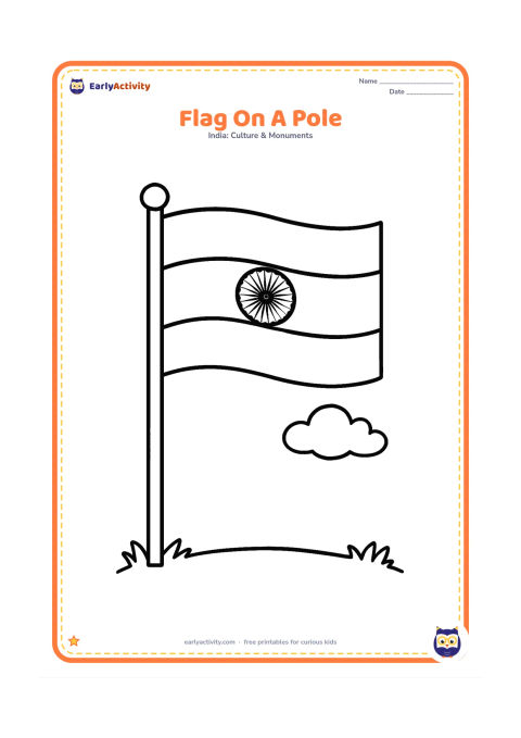 Colouring page: Draw one Indian national flag flying from a tall pole, with three clear horizontal bands and a large Ashoka Chakra in the centre. Place the pole on a simple grassy ground with one small…