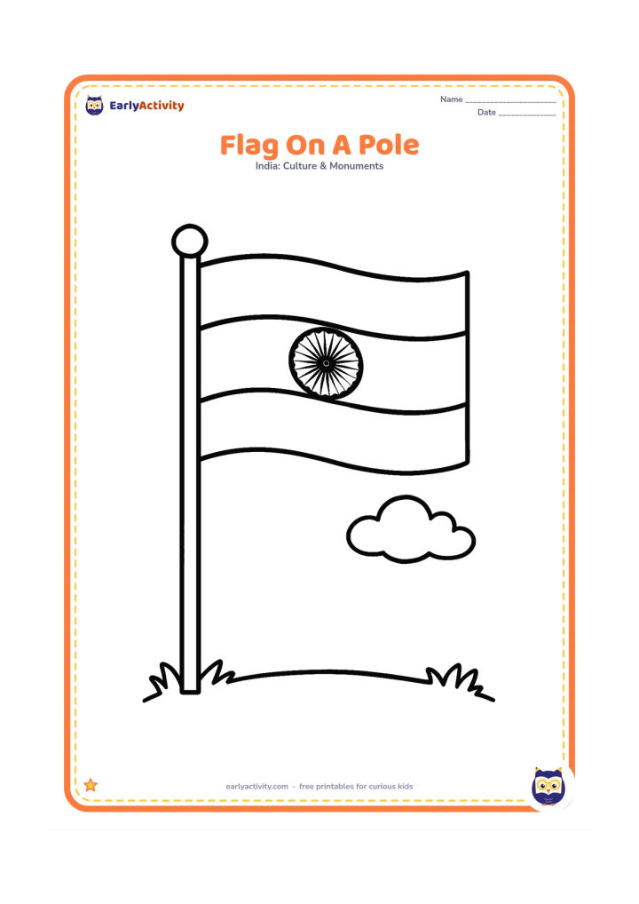 Colouring page: Draw one Indian national flag flying from a tall pole, with three clear horizontal bands and a large Ashoka Chakra in the centre. Place the pole on a simple grassy ground with one small…