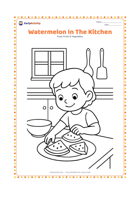 Colouring page: Draw a child placing watermelon slices on a plate at a kitchen table. Include a bowl, a simple window, a countertop and a few large kitchen utensils.