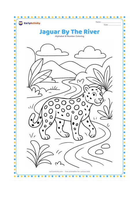Colouring page: Draw a spotted jaguar walking beside a winding river in a tropical forest. Add broad leaves, distant hills, and a few stones along the riverbank.