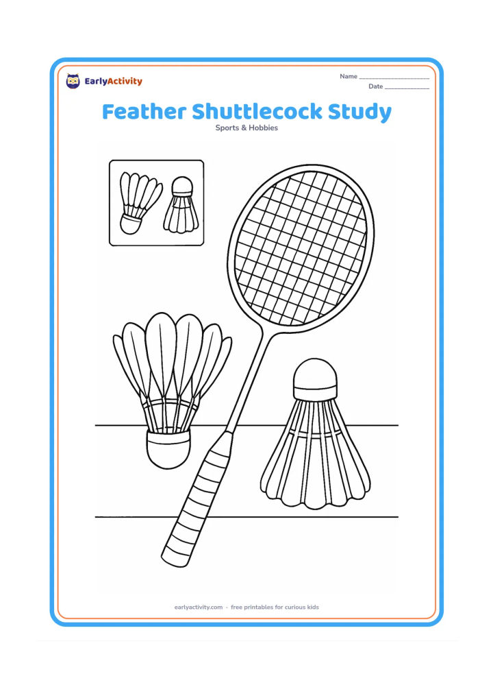 Colouring page: Draw a large natural-feather shuttlecock beside a synthetic-skirt shuttlecock and a badminton racket, with small inset-style arrangement lines showing their different shapes. Keep the…