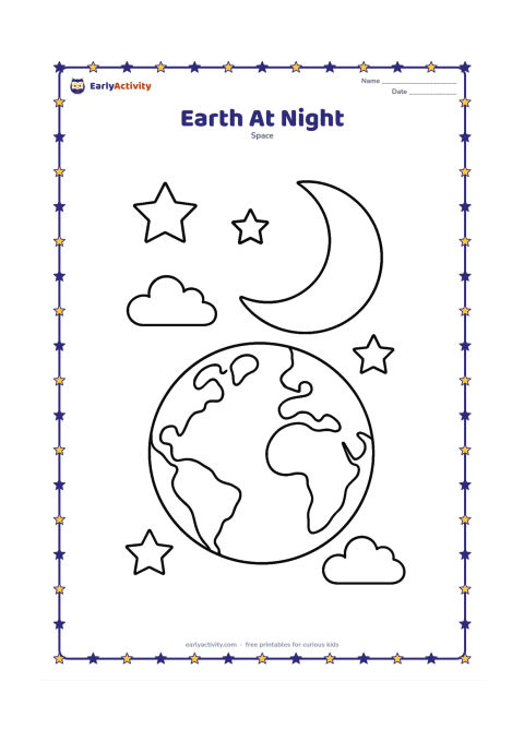 Colouring page: A round Earth under a large crescent Moon, with several big stars and a few simple clouds around the planet. Show a clear night-time space scene without dark shading.