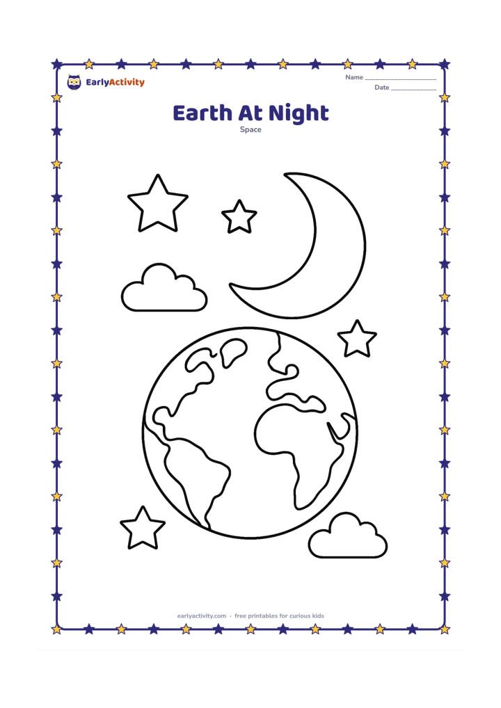Colouring page: A round Earth under a large crescent Moon, with several big stars and a few simple clouds around the planet. Show a clear night-time space scene without dark shading.