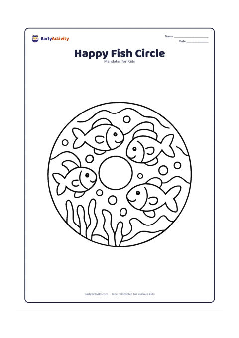 Colouring page: A circular mandala with four friendly fish swimming around a large centre bubble, surrounded by broad waves, bubbles, and simple seaweed shapes. Keep the fish faces cheerful and the…