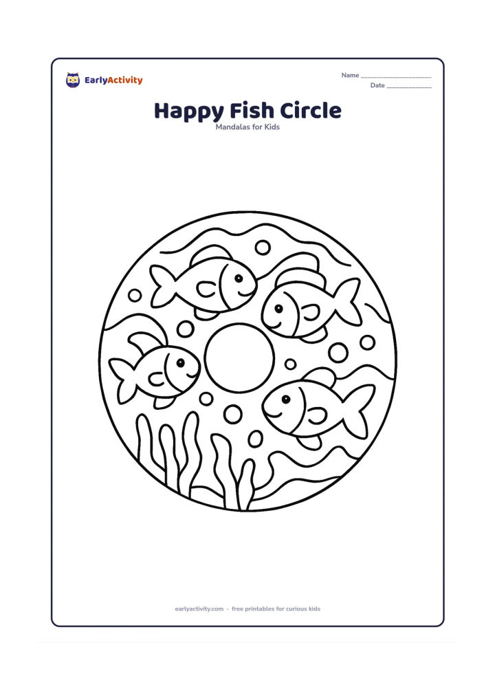 Colouring page: A circular mandala with four friendly fish swimming around a large centre bubble, surrounded by broad waves, bubbles, and simple seaweed shapes. Keep the fish faces cheerful and the…