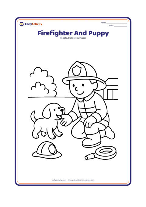 Colouring page: Draw a smiling firefighter crouching to greet a small puppy with a wagging tail. Place a helmet on the ground and a simple hose coil beside them in a safe station yard.