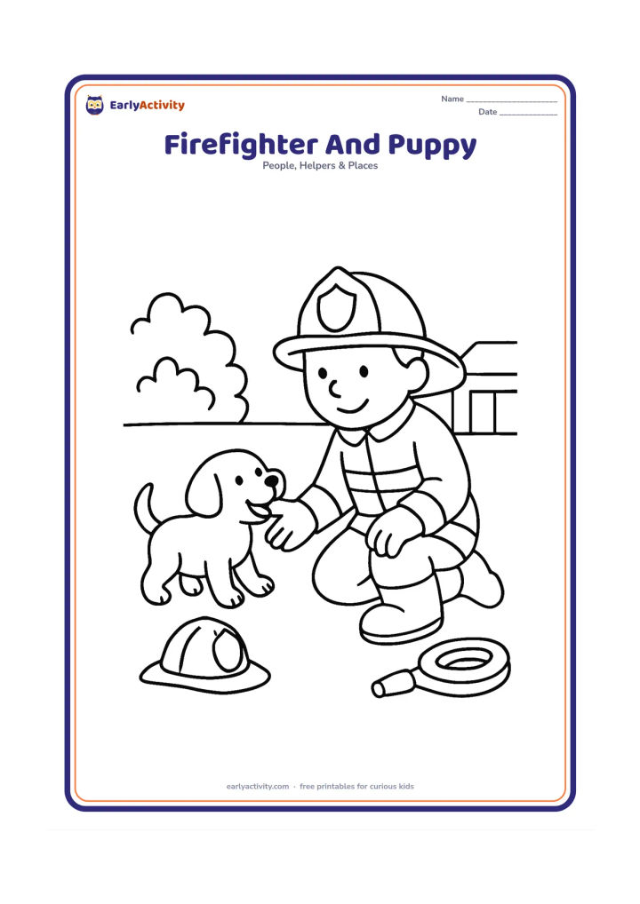 Colouring page: Draw a smiling firefighter crouching to greet a small puppy with a wagging tail. Place a helmet on the ground and a simple hose coil beside them in a safe station yard.