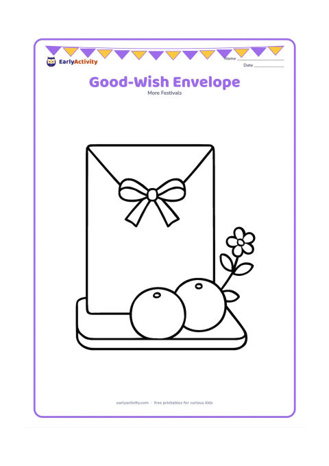 Colouring page: Draw a large plain festive envelope standing upright beside two round oranges and a small flower branch. Add a simple bow and a low tray underneath.