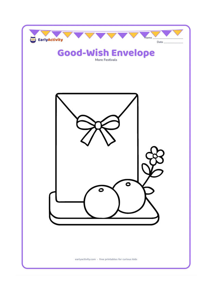 Colouring page: Draw a large plain festive envelope standing upright beside two round oranges and a small flower branch. Add a simple bow and a low tray underneath.