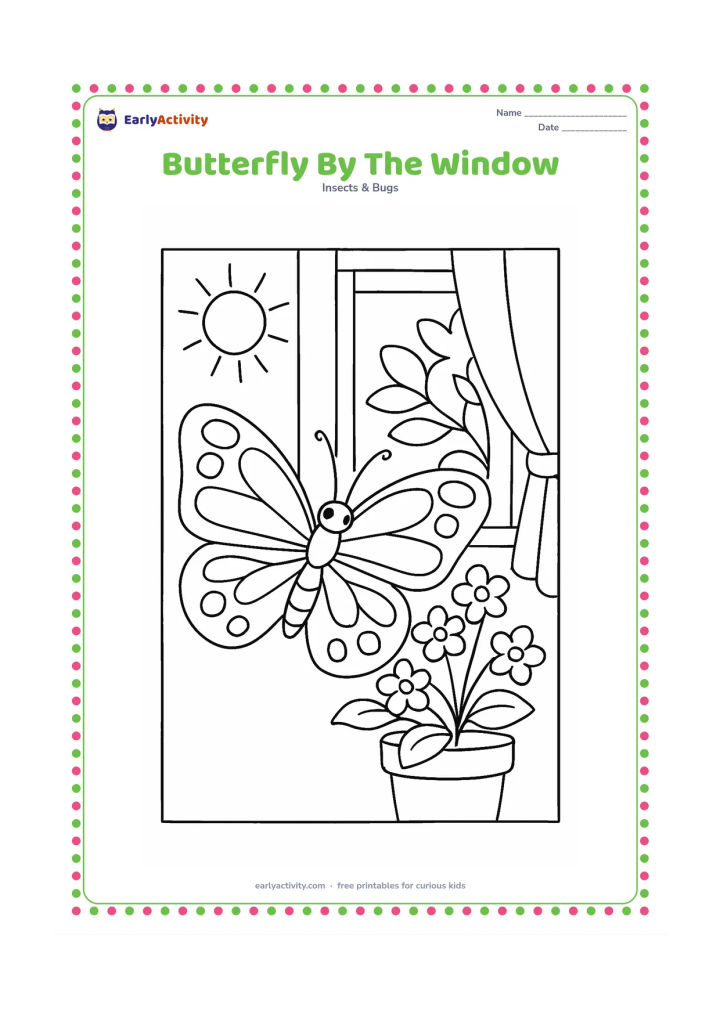 Colouring page: Draw a butterfly resting on a potted flowering plant beside an open window, with a curtain edge and a sunny view of leaves outside. Make the butterfly the main focal point in the foreground.