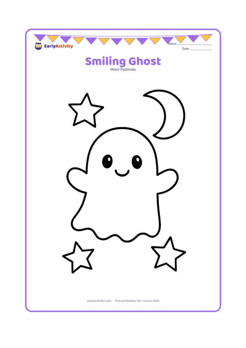 Colouring page: Draw a small, floating ghost with a cheerful face, rounded arms, and a wavy bottom. Add three large stars and a crescent moon around it.
