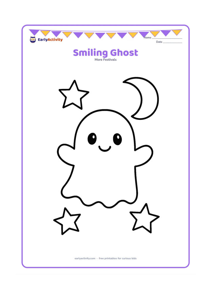 Colouring page: Draw a small, floating ghost with a cheerful face, rounded arms, and a wavy bottom. Add three large stars and a crescent moon around it.